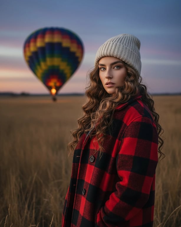 a portrait of a woman in a buffalo plaid coat and beanie, standing in a field with a hot air balloon at dusk