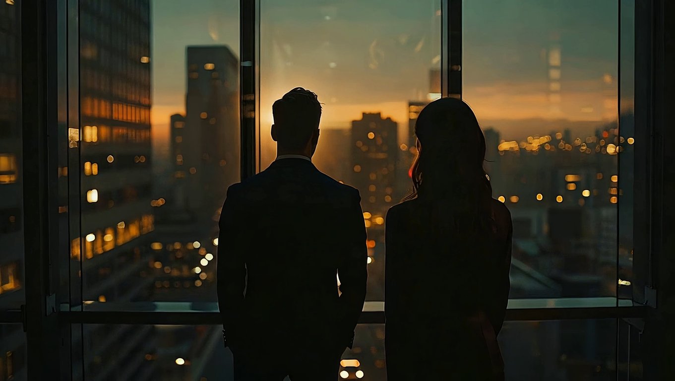 cinematic wide shot of a man and a woman standing side by side in front of floor-to-ceiling windows, modern high-rise interior at dusk, city lights beginning to glow outside, deep blue and warm amber color contrast, silhouettes seen from behind, subtle rim lighting outlining figures, quiet emotional distance, restrained body language, cinematic composition, shallow depth of field, film still atmosphere, realistic photography style, high resolution