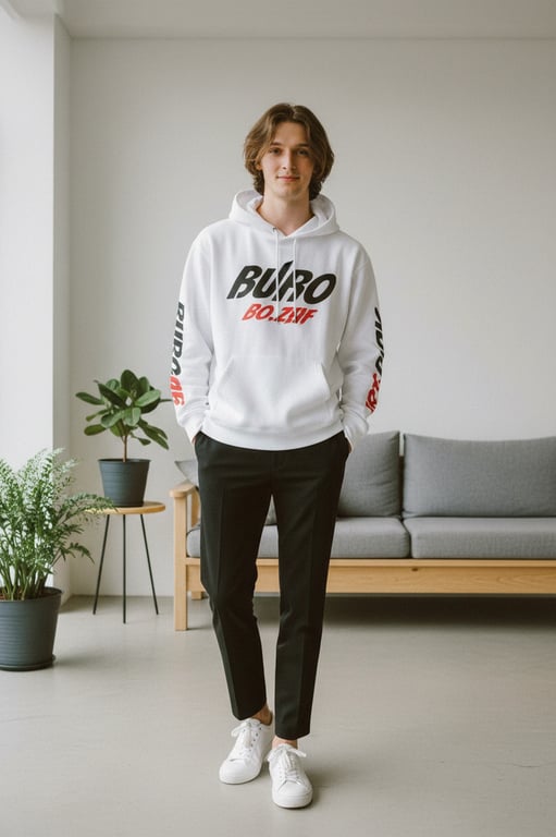 a portrait of a man transformed into a coordinated casual outfit with logo hoodie and tailored pants, in a minimalist living room setting