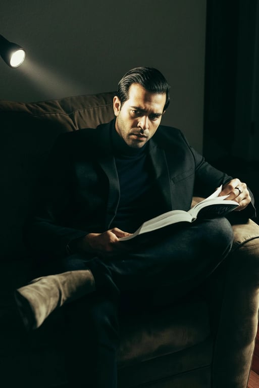 a portrait of a man in a horror cinematic style, with desaturated colors, unsettling green tint, and a single source flashlight effect