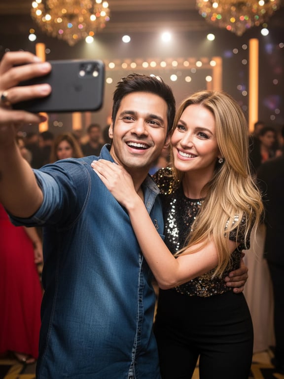 a portrait of a man taking a selfie with a smiling celebrity, realistic lighting match, casual attire, indoor event background, natural perspective.