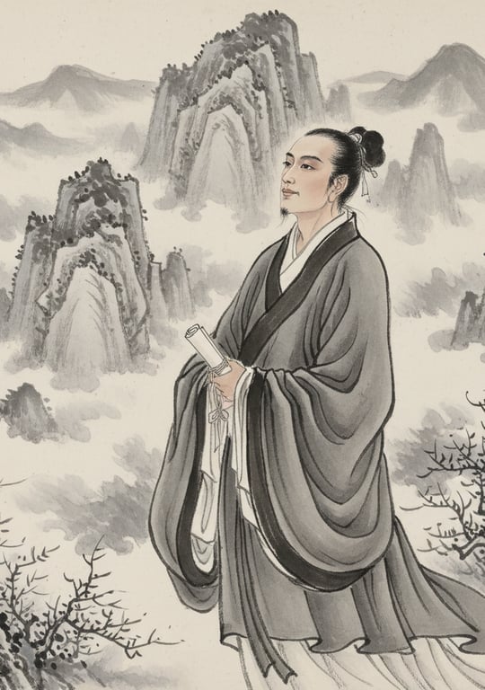 a portrait of a scholar gazing into the distance, rendered in ink wash style, subtle gradations of black ink, misty mountain backdrop, flowing robes, contemplative mood.