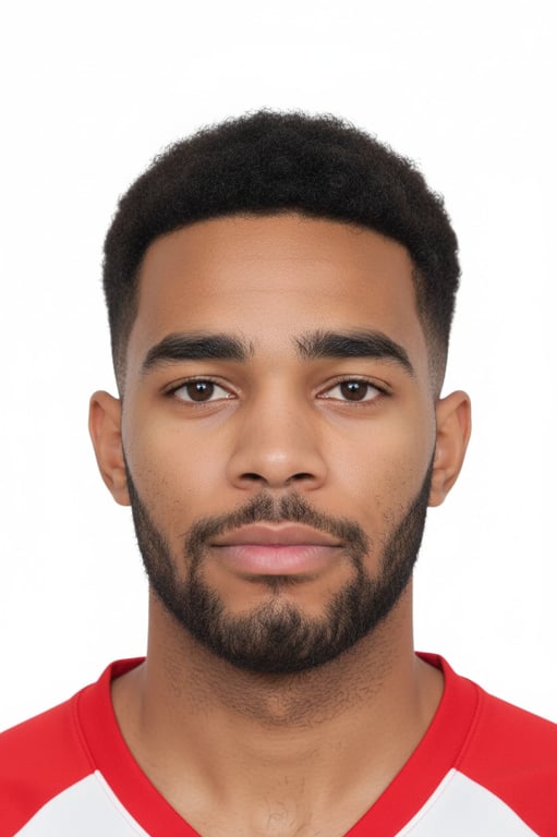 A government-standard visa photo created by AI, correct head height measurement, plain background, appropriate brightness and contrast, no red-eye, sharp focus.