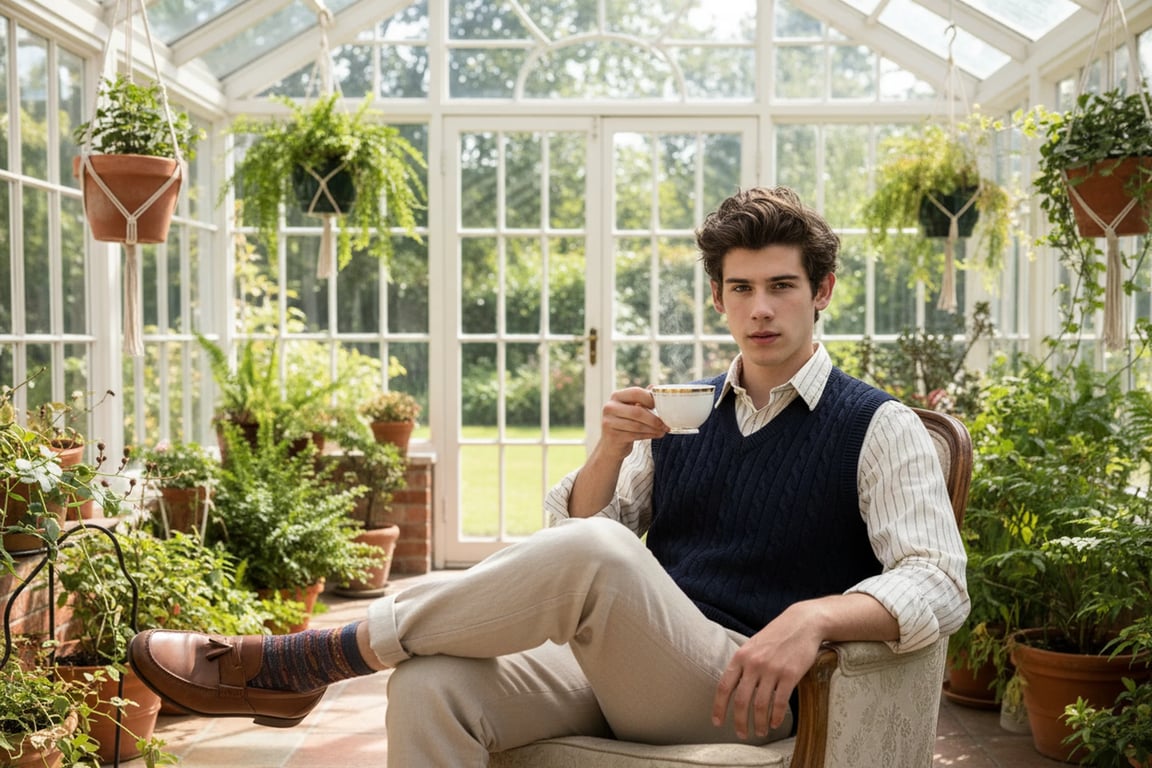 Tea Party Outfits filter after transformation - portrait in light business casual tea party outfit in airy conservatory