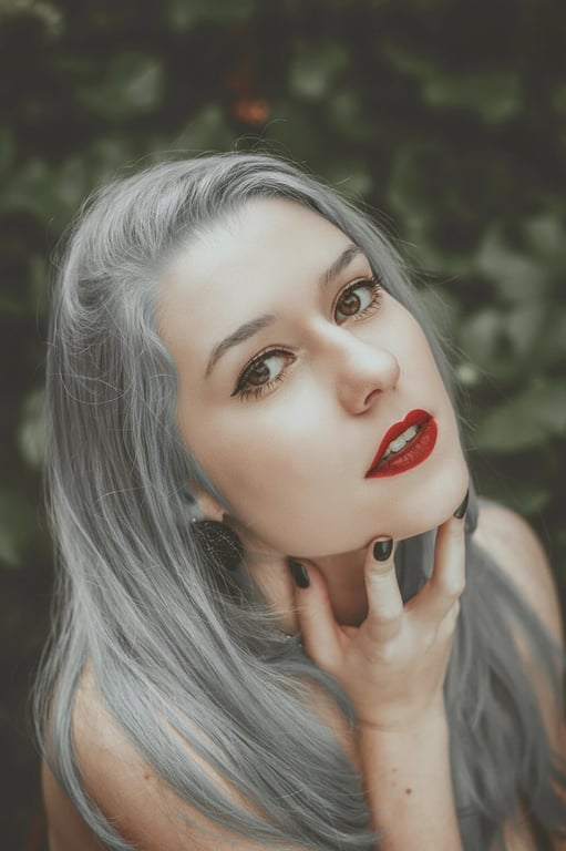 a portrait of a person styled with platinum silver hair, showing brighter highlights on top layers, darker lowlights underneath, accurate hair volume, and clean scalp blending