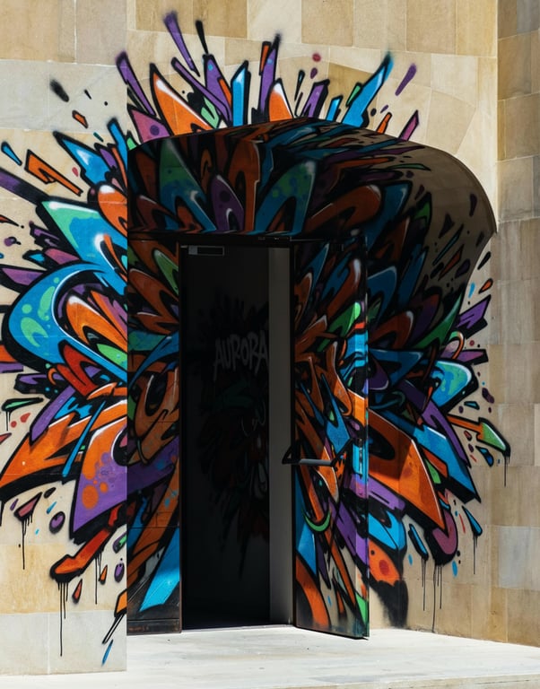 Generate a wildstyle graffiti piece built around directional movement and visual flow. Use arrows, extensions, rotations, and interlocking strokes to guide the viewer’s eye across the wall, prioritizing motion, complexity, and energy over immediate readability while maintaining intentional structure.