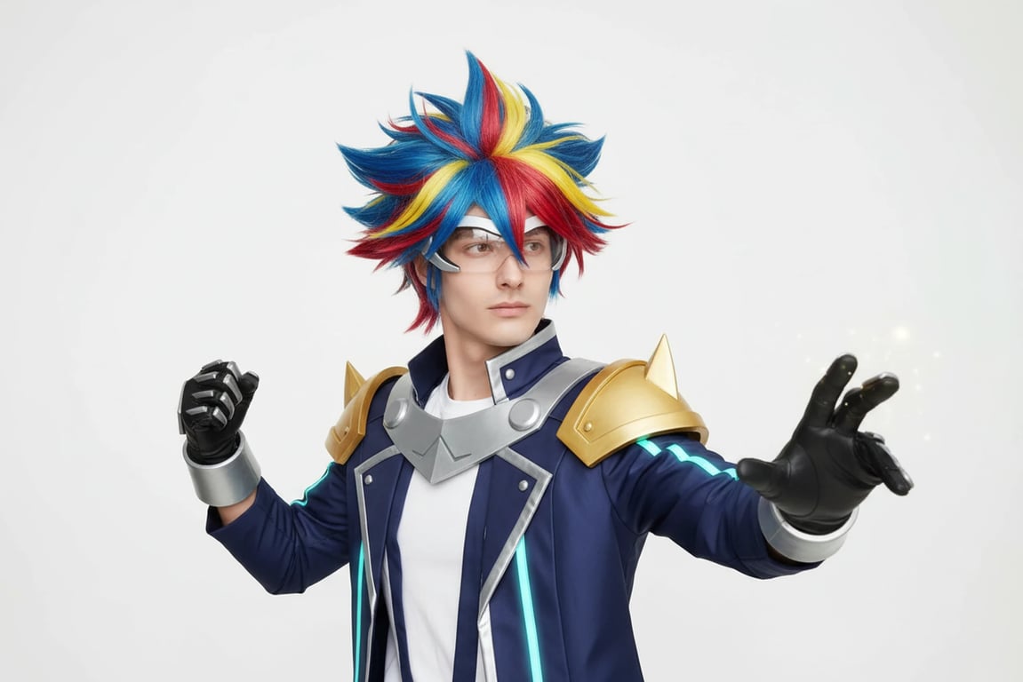 a portrait of a person transformed into a recognizable anime hero cosplay, featuring colorful wig, signature costume, and dynamic pose