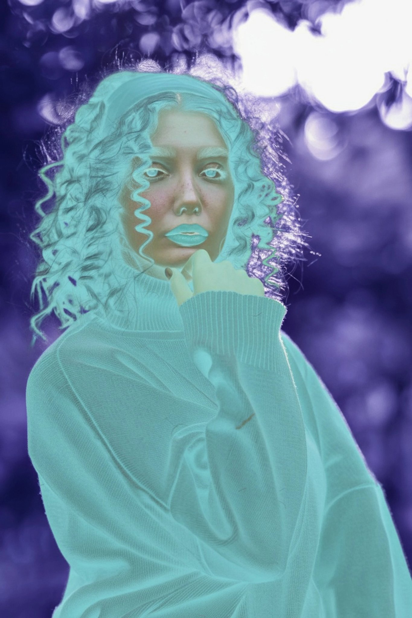 AI negative image filter after transformation - outdoor photo rendered with AI inverted color scheme