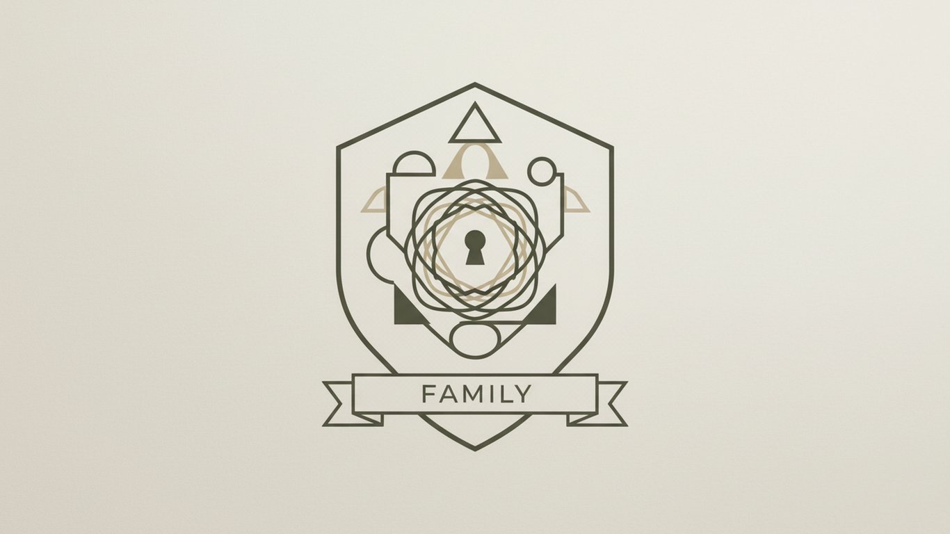 Create a modern, minimalist crest inspired by the clean lines, neutral palette, and orderly harmony of the family kitchen image. Use geometric shapes to form a symbolic "nest" or "key" emblem.