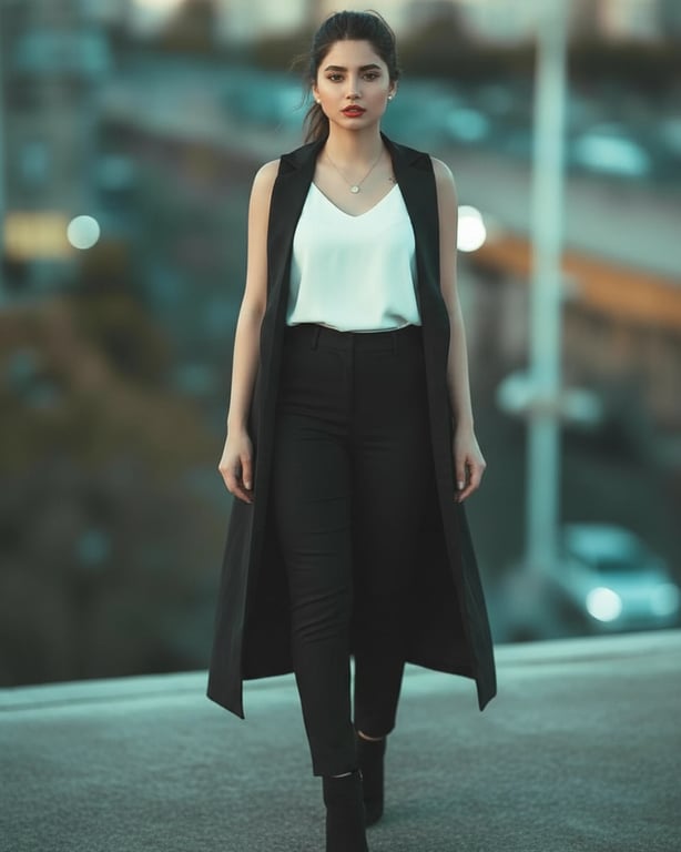 Chic Style filter after transformation - portrait in monochrome chic outfit standing in a minimalist hallway