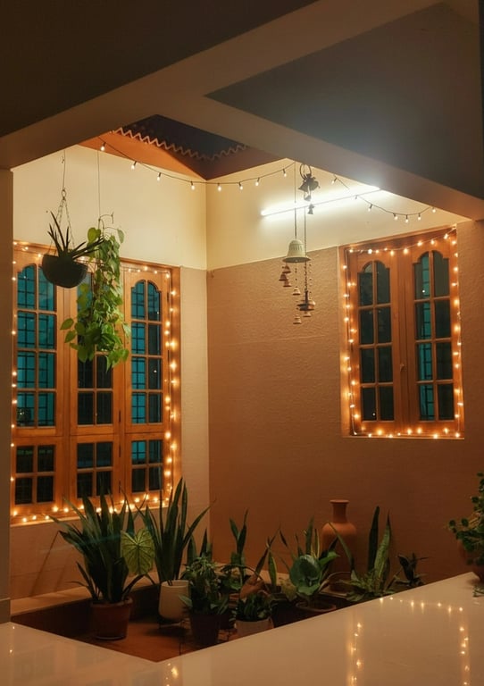 Christmas photo editor after photo - house with cozy light with Christmas decoration