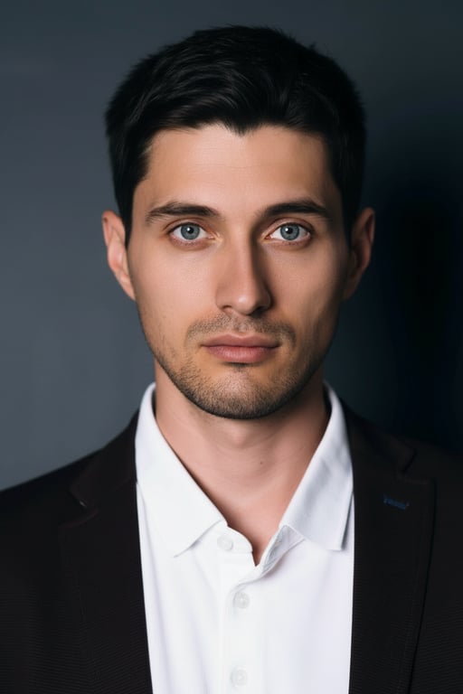 a photorealistic portrait of a man with short brown hair and stubble, looking directly at the camera with a neutral expression, studio lighting, sharp focus, detailed skin texture.