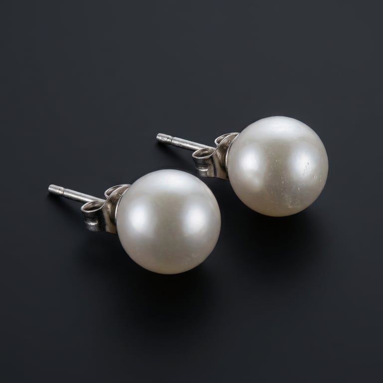 Create a close-up and clean macro shot focusing on the brand new pearl earring’s material, finish, and texture, emphasizing the fine details, subtle reflections, and exquisite surface quality, with a dark, minimalist background that highlights the product's luxurious and sophisticated feel, capturing the way light plays across the smooth, polished surface.