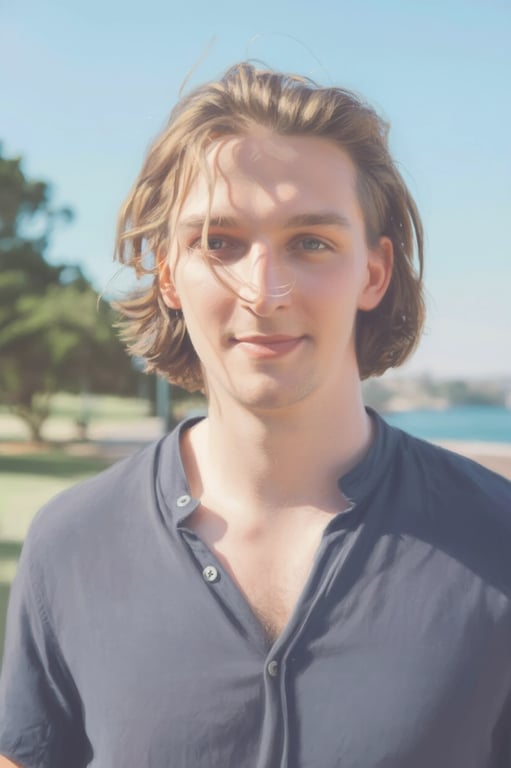 a portrait of a man, soft pastel filter, muted highlights, gentle shadows, warm and cool tone blend, minimalist setting.