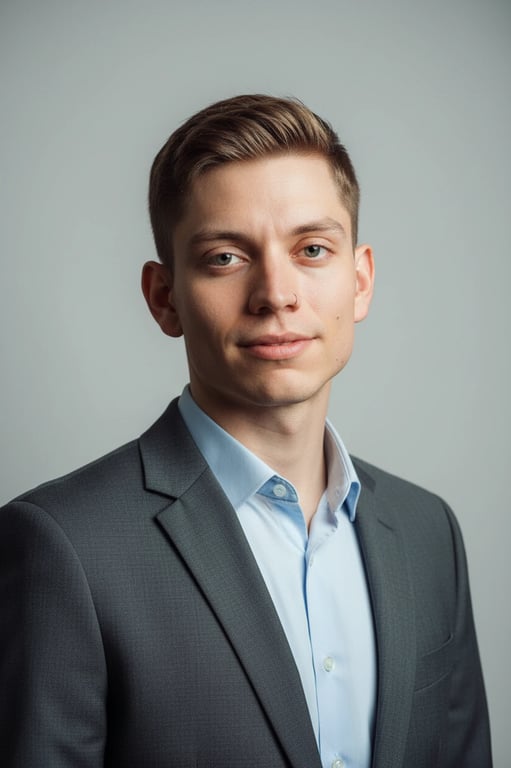 a portrait of a person edited into a corporate-style headshot featuring balanced key light and fill light, subtle shadow under the jawline for structure, tidy professional hairstyle, neutral color palette, distraction-free studio background, accurate facial proportions, and a polished business-ready appearance