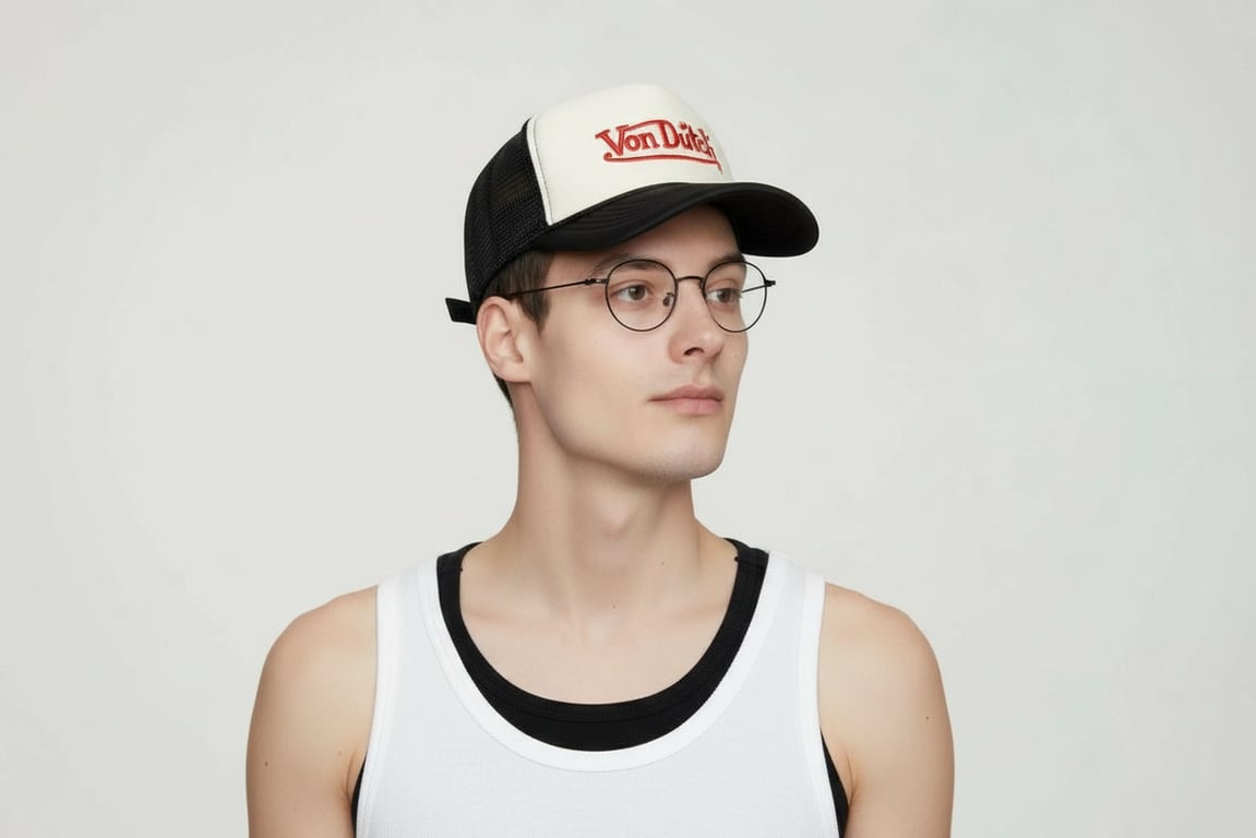 Selfie edited with a trucker hat and layered tank tops, capturing the early 2000s street style.