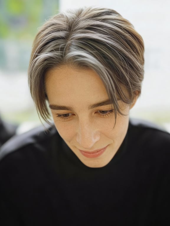 Gently age this same person while preserving their identity, outfit, and the warm street-at-sunset atmosphere. Keep the framing, denim jacket, messenger bag strap, city background, and golden backlight intact. Subtly introduce progressive grey hair, concentrating more at the temples and along the hairline, then threading a few natural-looking salt-and-pepper strands throughout the rest of the hair. Refine the backlit hair detail enough to clearly show individual strands and the new greys, without changing the haircut or overall hairstyle. Add very subtle, realistic signs of maturity to the skin: faint crow’s feet at the outer corners of the eyes, gentle smile lines and nasolabial folds, and a slightly more defined but still healthy skin texture with visible pores and a light softening of youthful plumpness. Avoid heavy wrinkles, sagging, or making the person look elderly—aim for a believable, slightly older future version. Maintain the original skin tone, facial structure, expression, and lighting direction. Do not change the background, adjust the wardrobe, or apply glamorizing beauty retouching; only adjust local contrast and micro-texture as needed to reveal the mature skin details and the grey at the temples while keeping the overall warm, urban sunset vibe consistent.