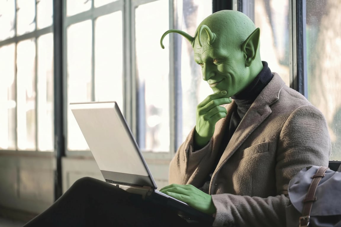a portrait of a person edited into a Namekian character, with green skin, antennae, and a benevolent expression
