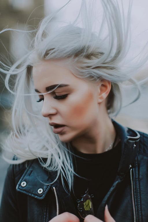 a portrait of a person enhanced with glossy black hair coloration, featuring reflective shine along hair curves, detailed strands, and consistent lighting interaction