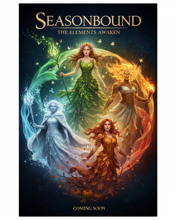 A teaser poster for a film about the four seasons coming to life, featuring four elemental spirits (Spring, Summer, Autumn, Winter) in a circular, symbolic formation.