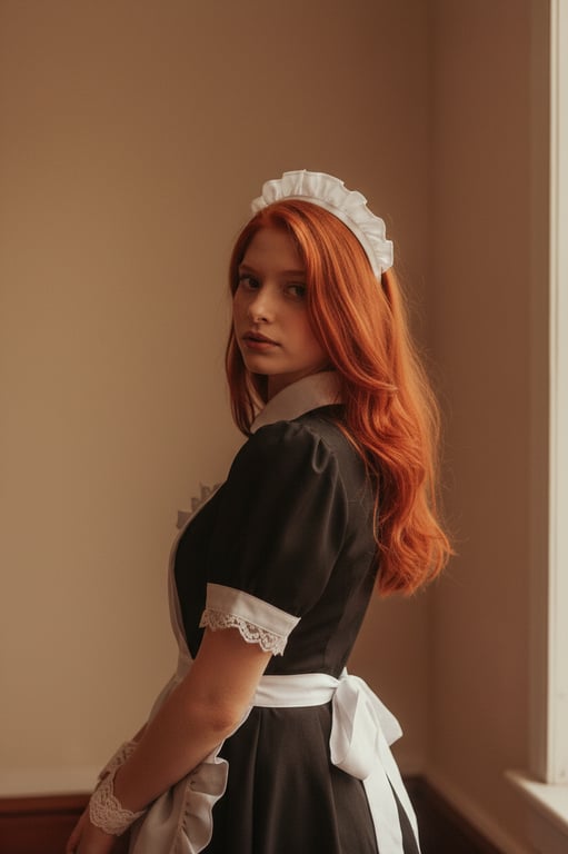The subject is dressed in a classic maid outfit with a white lace headpiece and black dress.