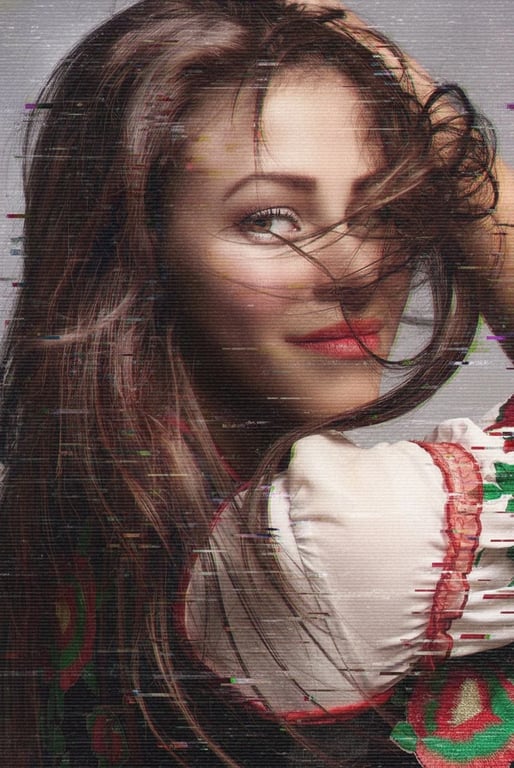 AI glitch effect filter after transformation - studio photo with pixel noise and scanline distortion