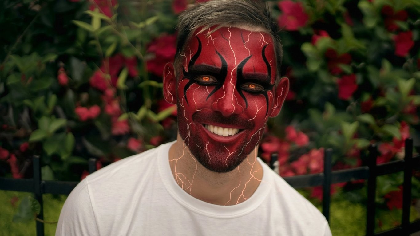 ai-demon-filter after pic - red flame demon makeup with glowing orange lines