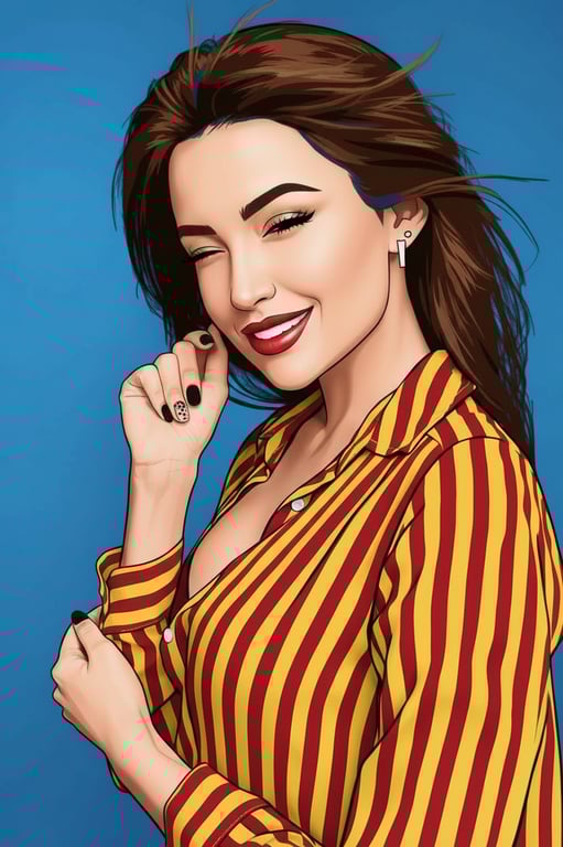 a portrait of a woman, 50s pin-up art style, bold outlined shapes, saturated primary colors (red, yellow, blue), winking expression, polka dot or gingham background.