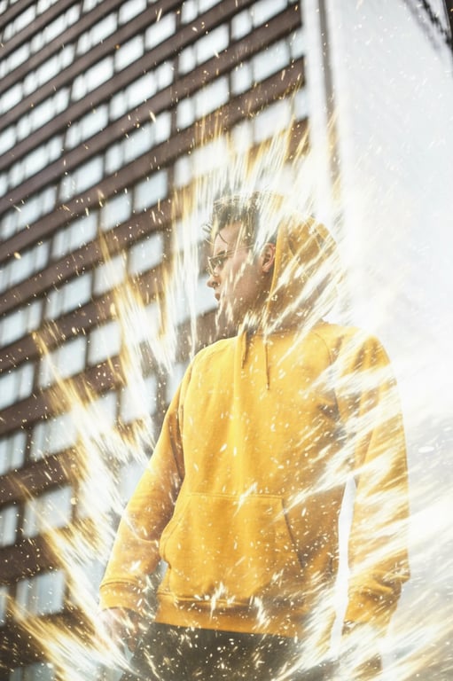 a portrait of a person as a character using Instant Transmission, vanishing or appearing with a shimmering light effect