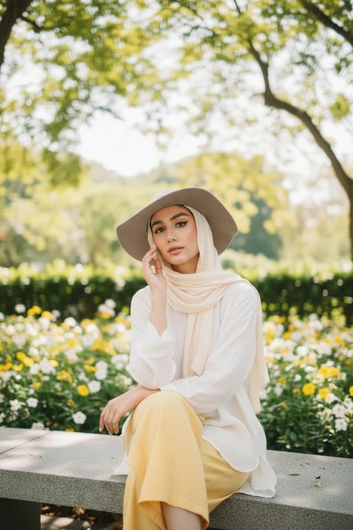 a portrait of a person styled in a fresh summer outfit look, featuring lightweight tops, breathable fabrics, relaxed-fit shorts, skirts, or trousers, bright natural colors, relaxed posture, and soft daylight lighting
