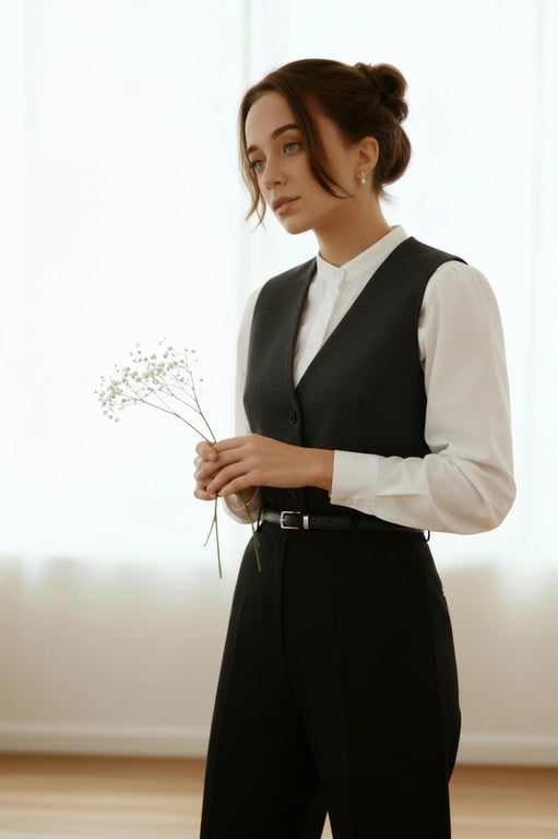 a portrait of a person in a refined Korean office-style outfit with tailored vest, crisp long-sleeve shirt, straight trousers, structured silhouette, minimal accessories, composed posture, neutral indoor light