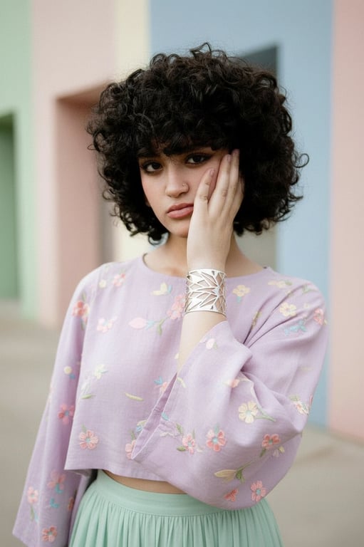 a portrait of a person styled in an aesthetic outfit look, balanced pastel tones, fashionable yet natural clothing impression, relaxed posture, calm facial expression, soft natural lighting, and a clean modern background