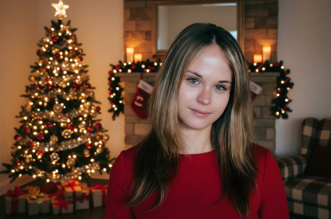 A woman in a red dress standing in a decorated Christmas living room.