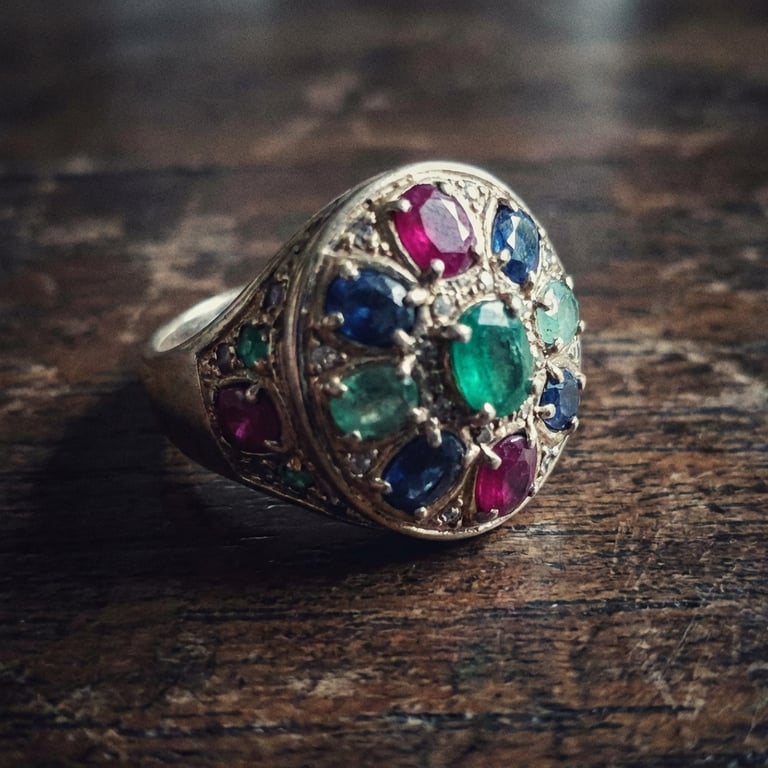 Generate a single image that presents the same ring in multiple angles within a clean e-commerce layout, including one main front view (center, largest), one side view (showing the profile, depth, and structural details), one three-quarter perspective view (slightly rotated to show overall shape and texture), and a detailed back view. Arrange all views in a clean, balanced horizontal layout where the front view is the most prominent and secondary views are smaller and aligned neatly. All views must represent the exact same product with the same shape, color, and details — no variation in design or style between views. Use a pure white studio background with soft studio lighting, high clarity and realistic material rendering, and a professional e-commerce product photography style.