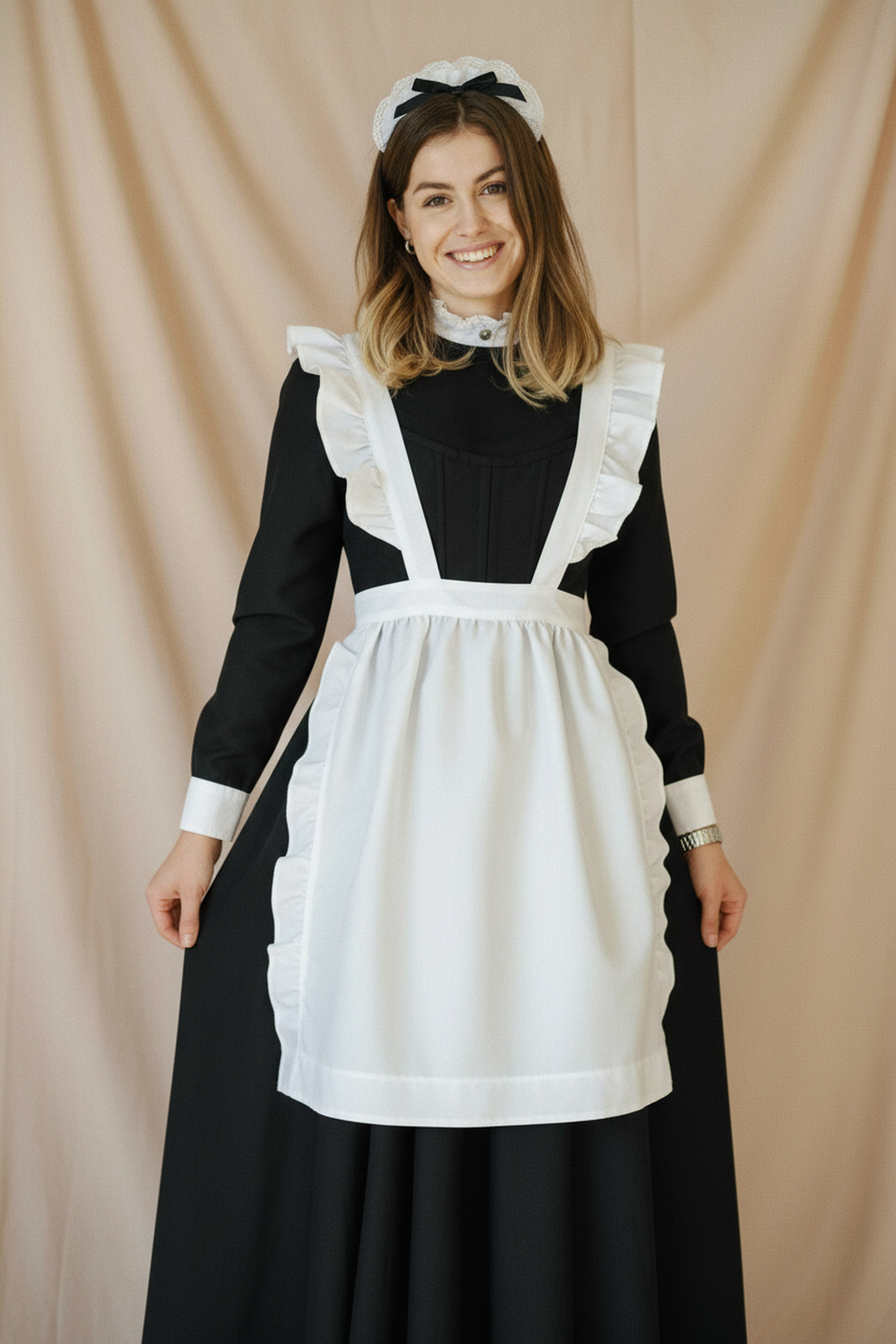 Same backdrop, with her now in a long maid dress and ruffled apron, smiling at the camera.