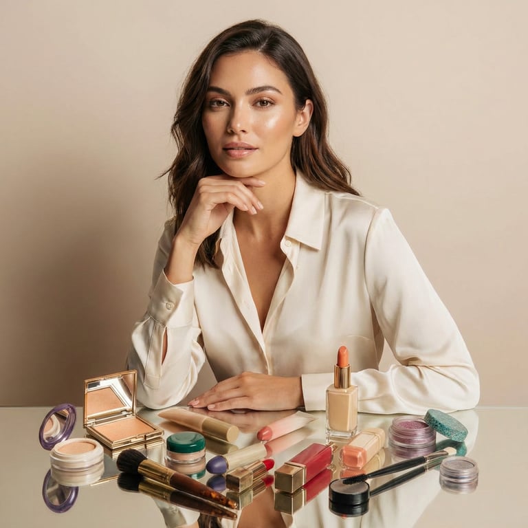 Place the product on a vanity table with a beautiful female model in a confident, relaxed pose. Capture a half-body shot with balanced proportions against a clean, light beige studio background. Use professional studio lighting with well-defined, natural-looking shadows to add depth while keeping the beauty product as the main focus.