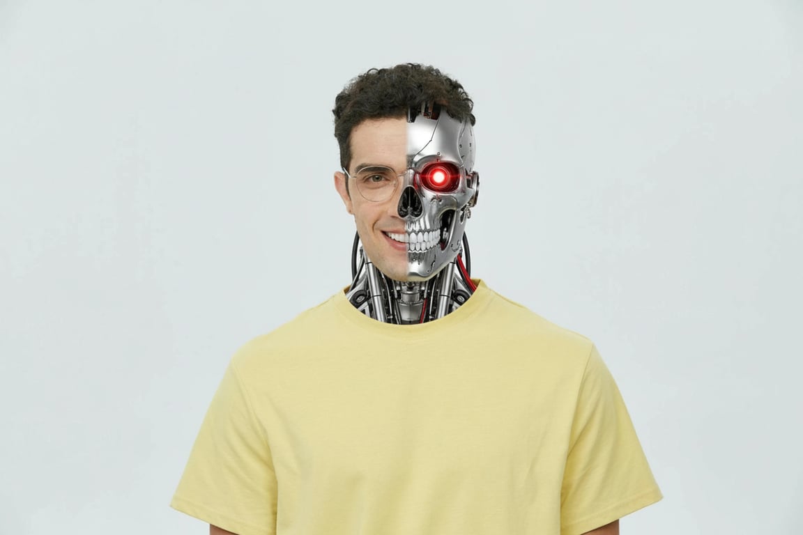 Image showing a cyborg face transformation with exposed metal skull and robotic details.