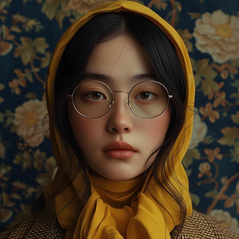 ai remove glasses from photo before photo - portrait of a woman wearing round eyeglasses, dressed in a yellow scarf