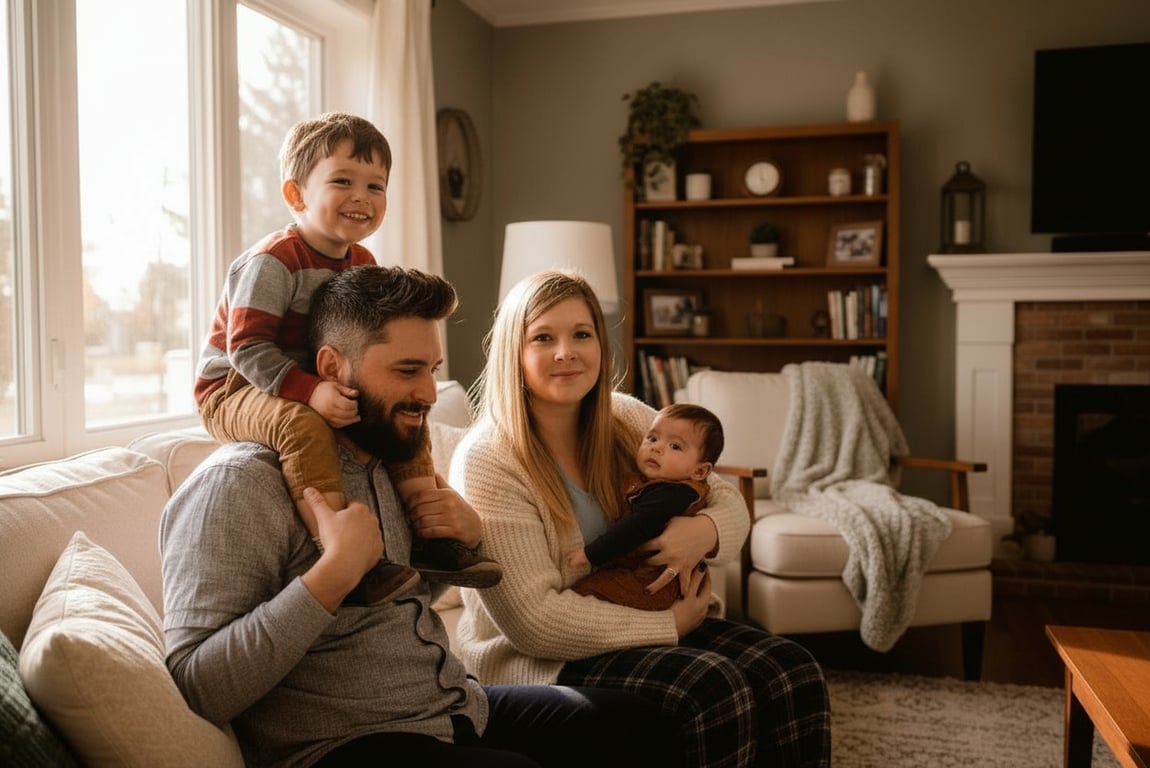 a portrait of a family transformed into a cozy home lifestyle family portrait, all members dressed in comfortable indoor clothing such as sweaters or pajamas, placed in a warm home interior with soft natural light, close relaxed poses, gentle interaction, and an intimate emotionally connected mood