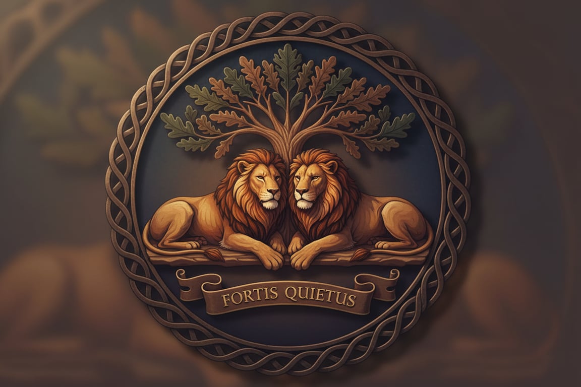 Design a crest that reflects quiet strength and deep bonds, using the intimate, low-light contrasts and warm shadow tones of the evening living room photo. Feature a pair of protective lions resting in repose.