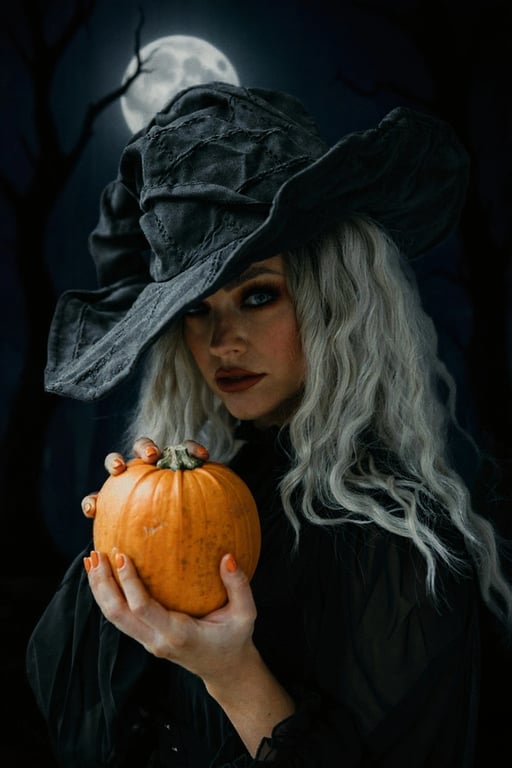ai Halloween background after pic-woman holding a pumpkin with Halloween background