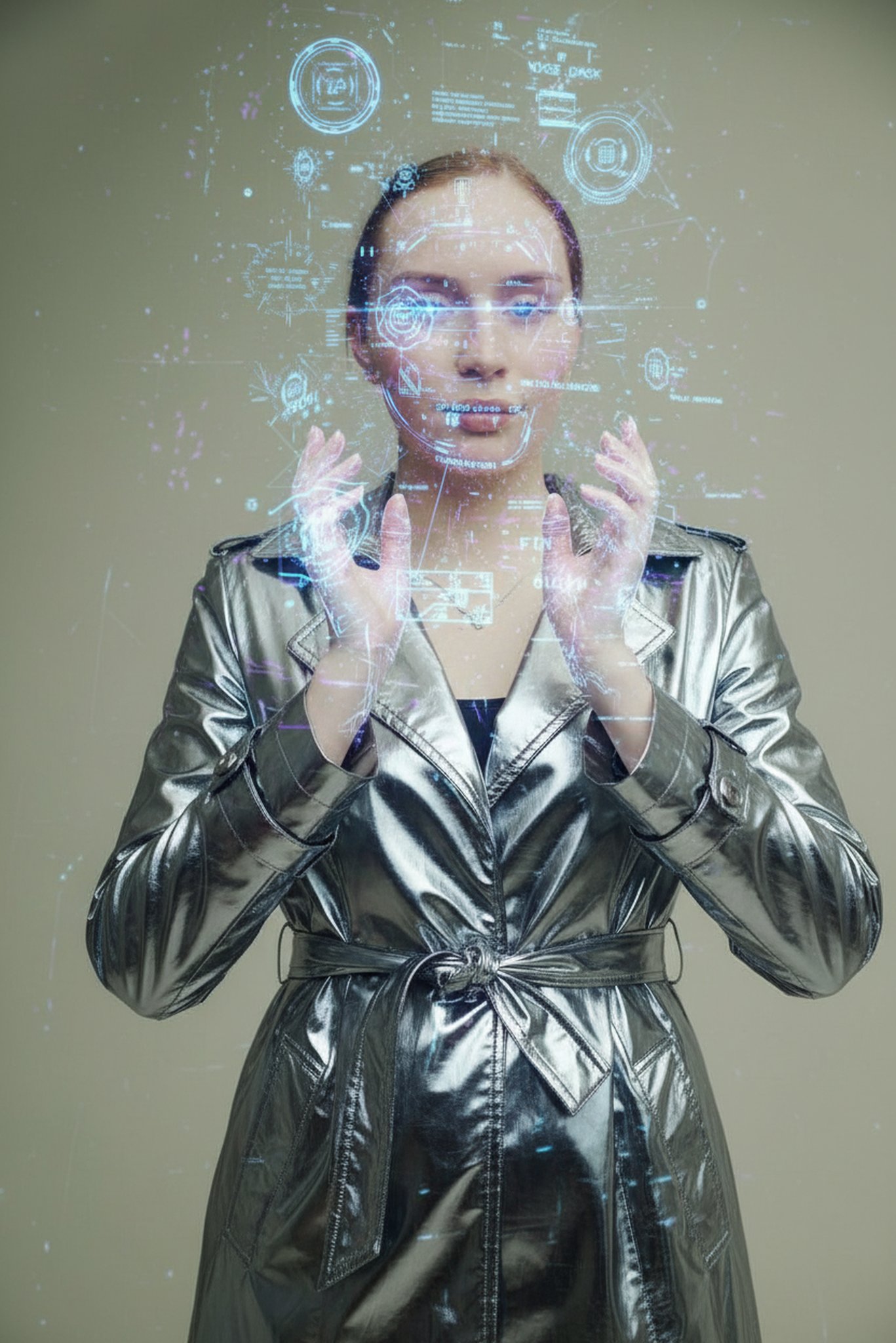 Silver trench reflecting holographic projections as floating blue interfaces surround both hands.