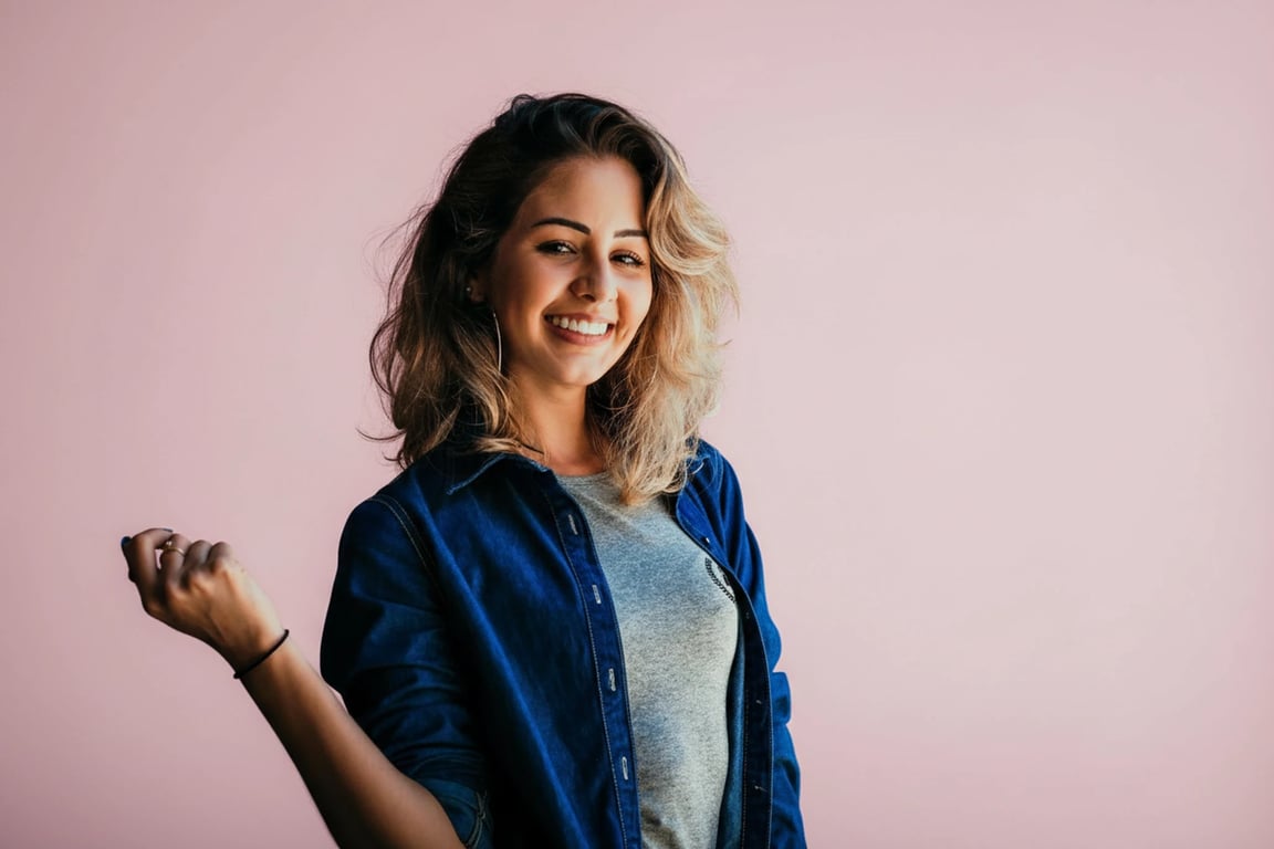 a portrait of a woman transformed with a soft pastel pink background, creating a gentle and aesthetically pleasing composition