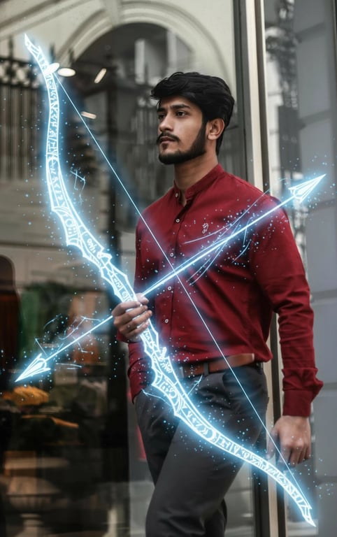 a portrait of a person using Quincy techniques, with a spirit weapon bow formed of blue reishi and intricate patterns