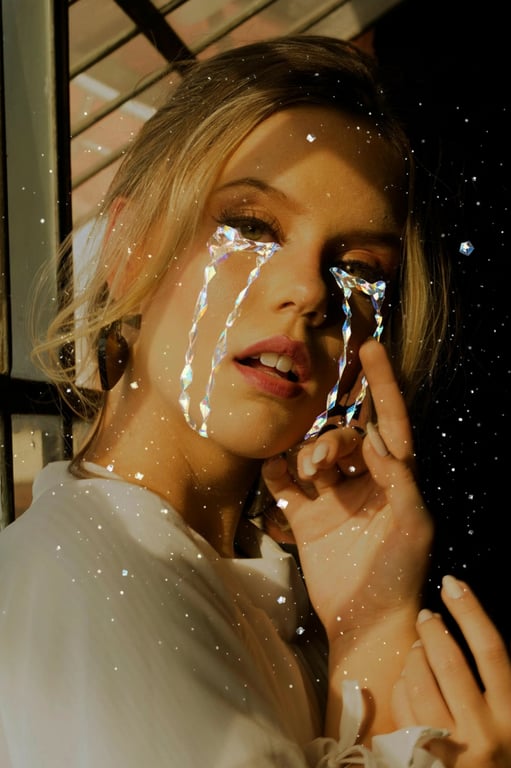 A creative filter that adds stylized, glistening crystal-like tears, not fully realistic but artistic, with a melancholic and beautiful fantasy vibe.