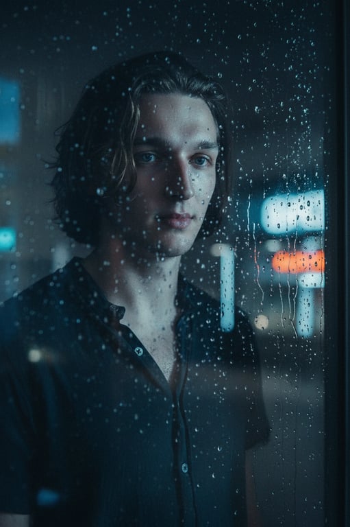 A moody cinematic portrait with cool tones, deep blue shadows, metallic sheen on skin, rain-soaked window reflection, dramatic and atmospheric.
