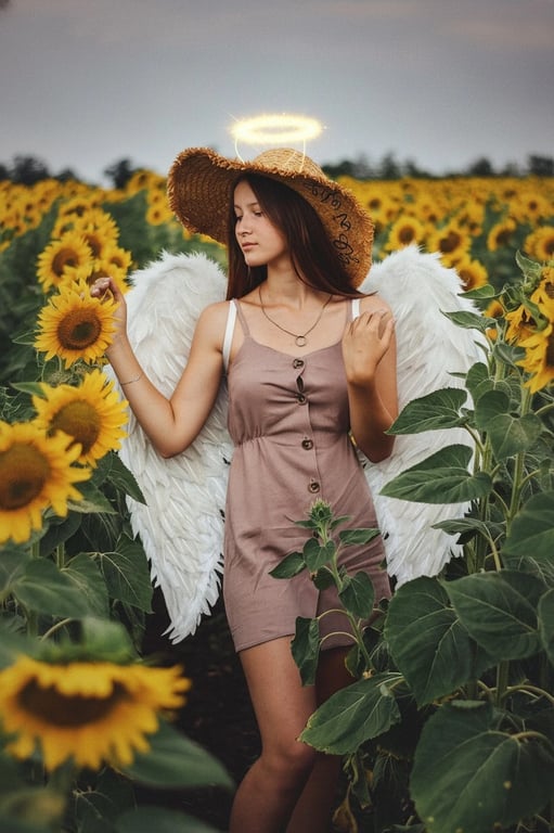 AI angel filter after transformation - portrait with glowing angel wings and halo