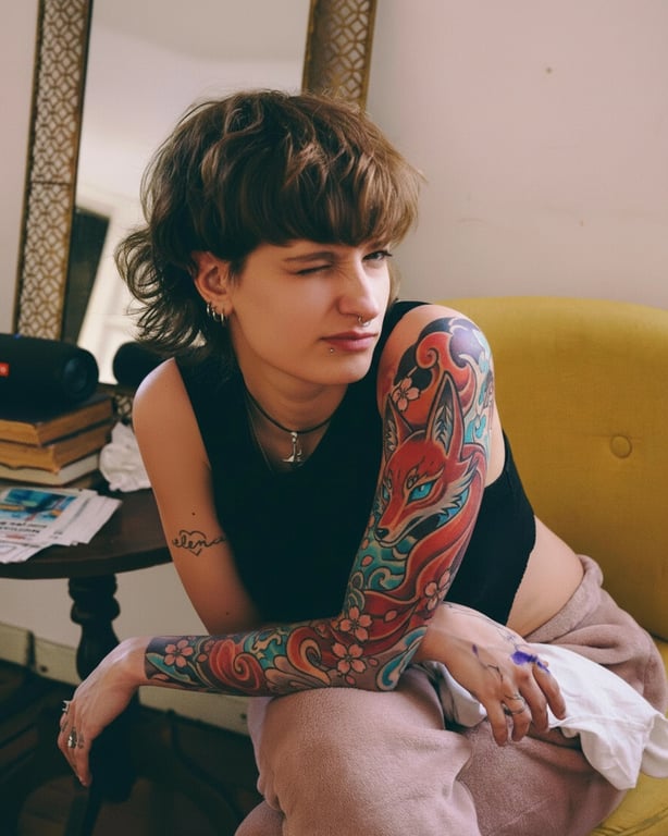 anime tattoo after photo - woman sitting on the sofa with anime tattoo