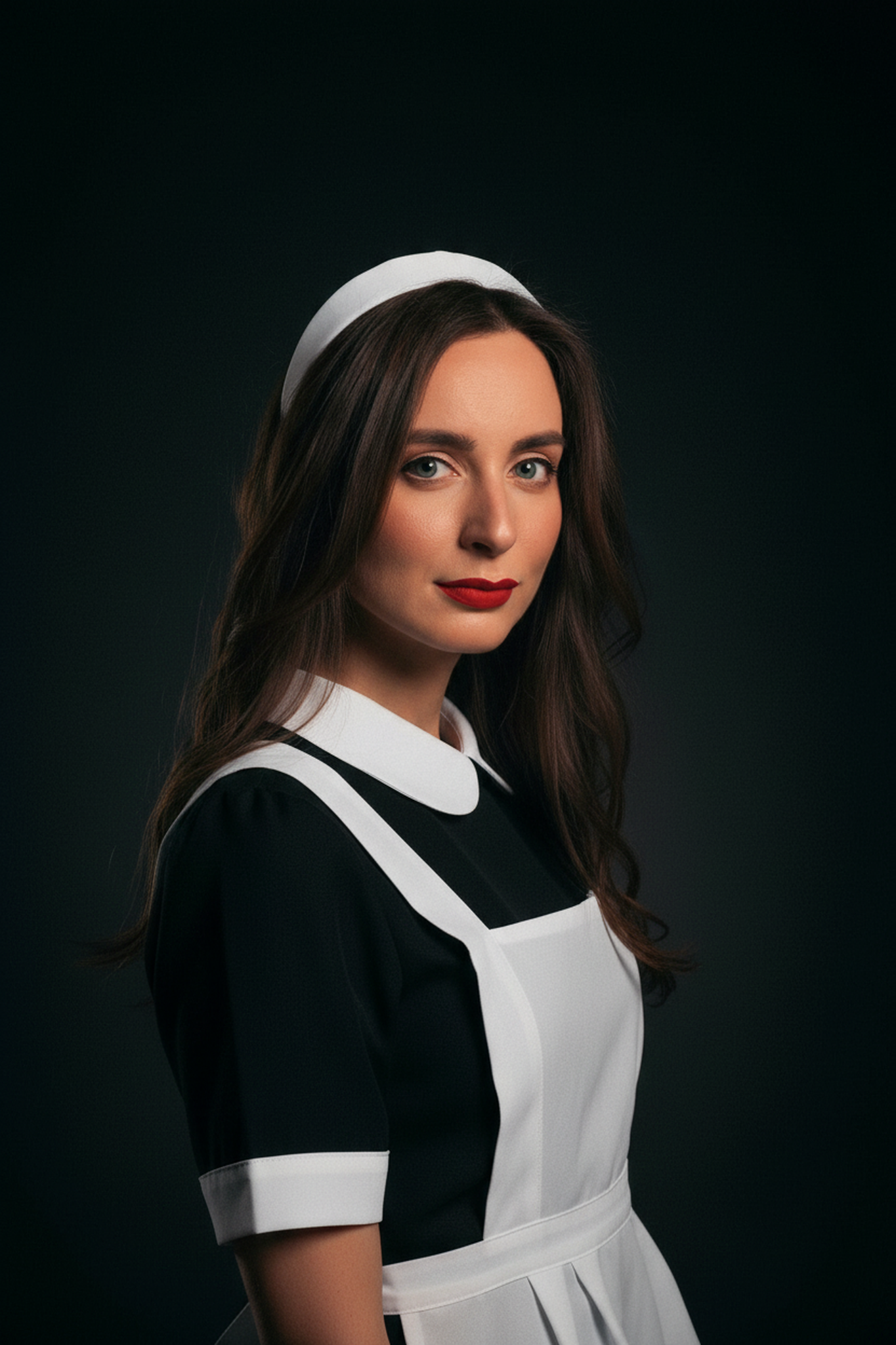 Same woman in a simple black maid dress with white apron and headband on the same dark backdrop.
