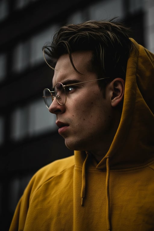A gritty high contrast headshot of a man, enhanced skin texture, bright catchlights in eyes, dark shadow falloff, raw and powerful aesthetic.